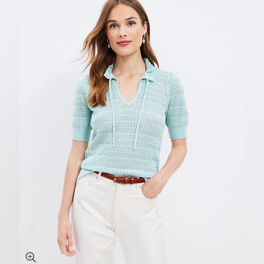 LOFT NWT Pointelle Tie Neck Sweater Tee - Mint